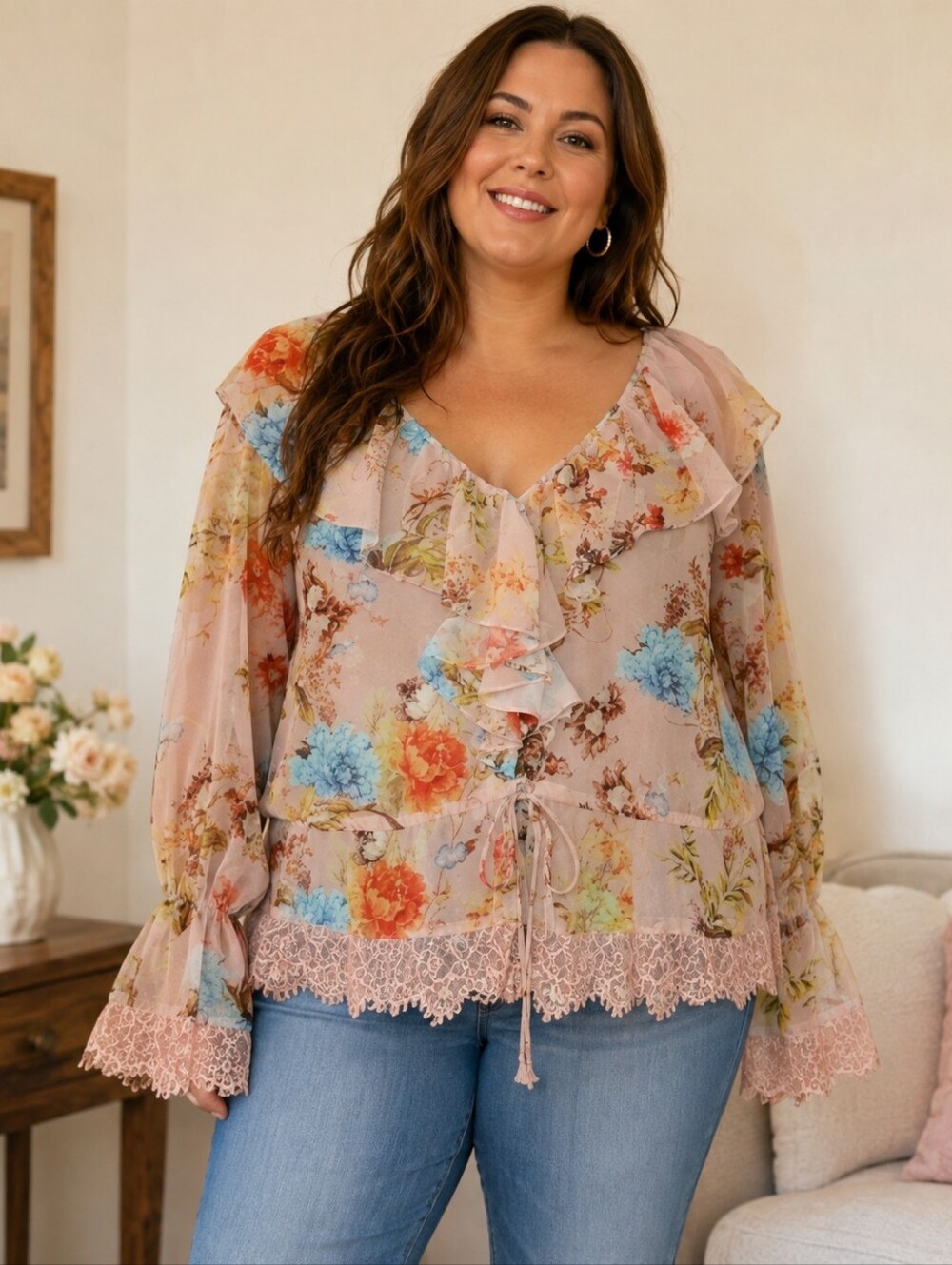 Buffalo David Button floral peasant top lace blouse XL sheer
